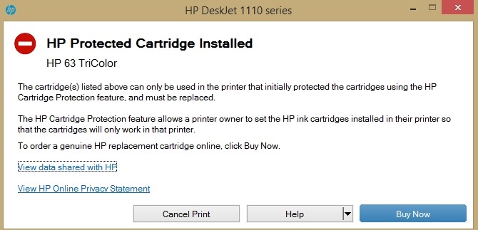0_HP 63xl Cartridge Protected error